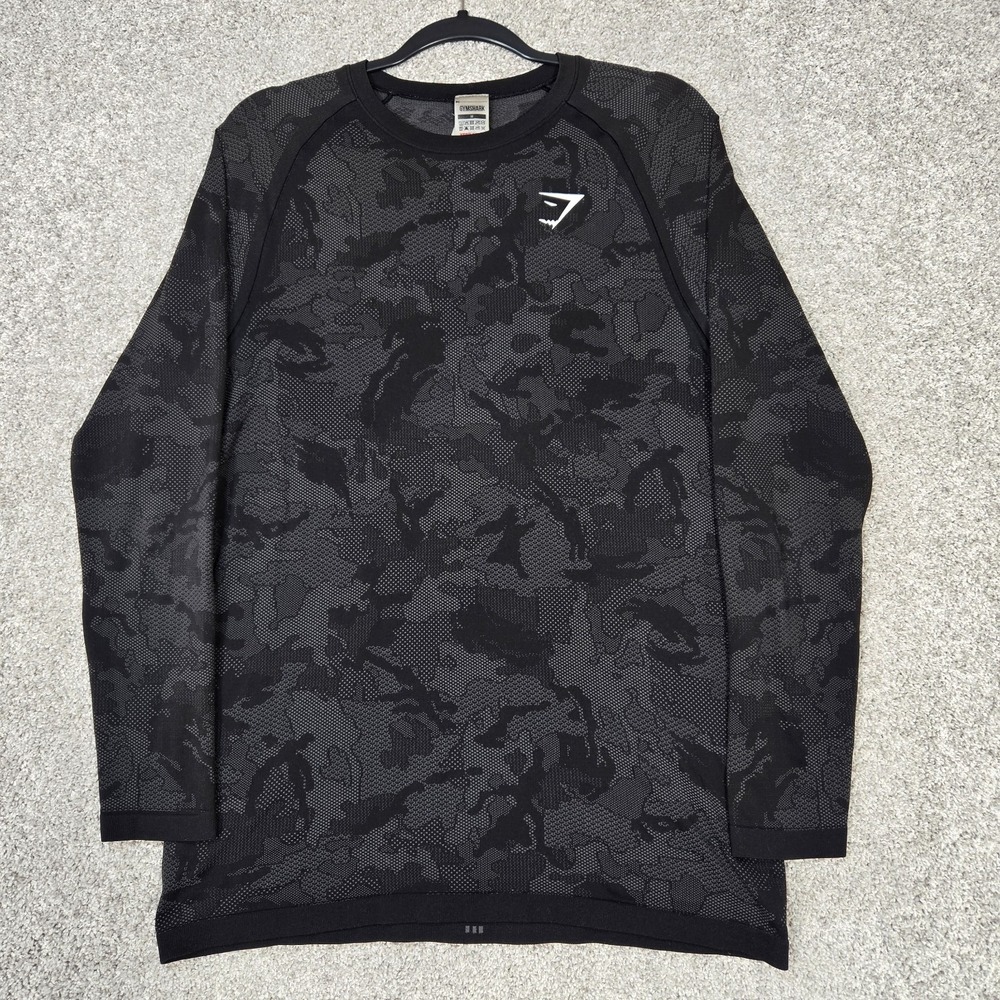 Gymshark Men's Medium Black/Gray Camo Crew Neck T-Shirt Long Sleeve gym training